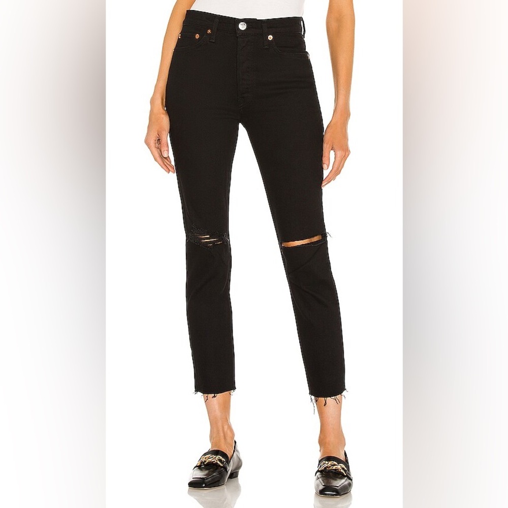 Re/Done Originals 90s High Rise Ankle Crop Jet Black Ripped‎ Size 25 Minimalist